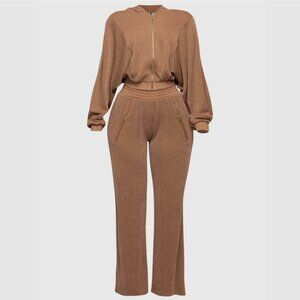 Women Two-Piece Ribbed Outfit Hoodie Jacket Wide-Leg Pant Brown Size S Loose Fit